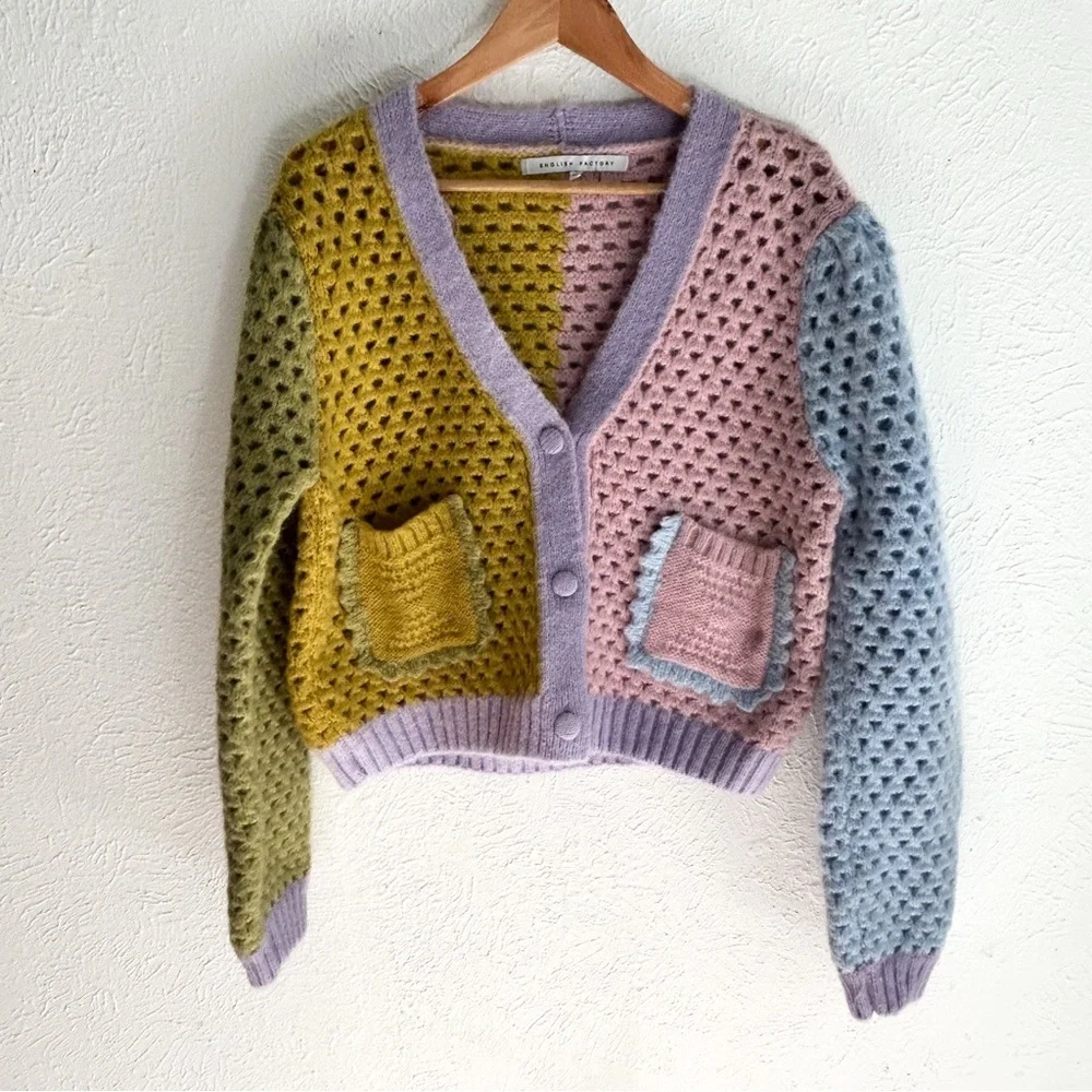 English Factory Contrast Detail Cardigan Medium Whimsical Colorblock Pastel - Picture 3 of 6